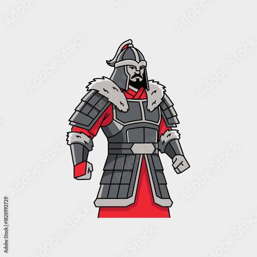 Mongolian Warrior in Traditional Armor Illustration.