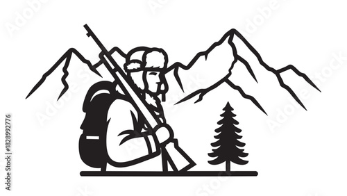 Line art illustration of a hunter with a rifle and backpack exploring a rugged mountain wilderness landscape