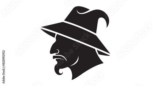 Mysterious wizard head silhouette in profile, a simple black and white vector icon of a sorcerer with a pointed hat and beard