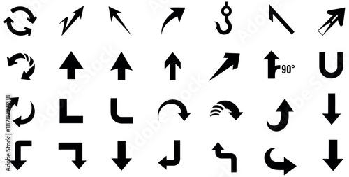 Collection of various black arrows on a white background