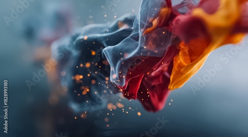 Colorful, abstract painting with a lot of red, blue, and yellow. The colors are swirling and mixing together