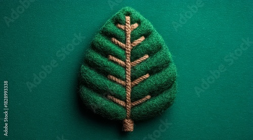 Green leafy tree with brown tips is embroidered on a green background.