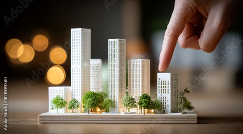 Fototapeta Naklejka Na Ścianę i Meble -  Hand is pointing at a model of a city with trees and buildings. Scene is one of curiosity and exploration