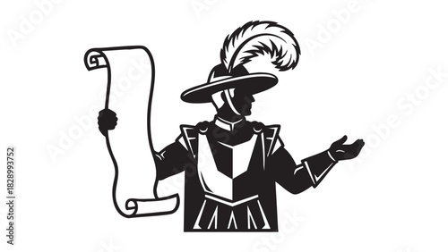 Stylized monochrome graphic of a Renaissance messenger in a plumed hat, delivering a royal decree on a parchment scroll