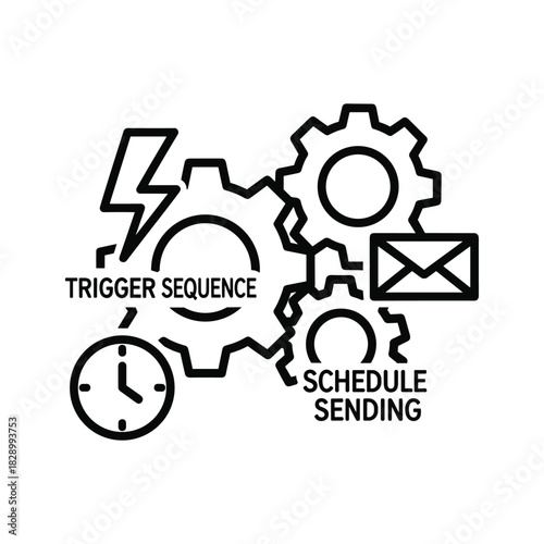 Workflow automation concept with gears, clock, lightning, and email icon