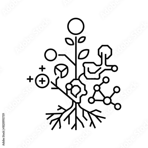 Black and white line art icon representing plant science and technology