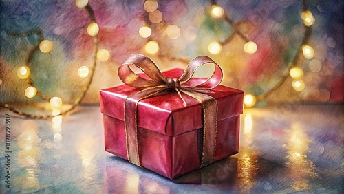 Wallpaper Mural single red gift box tied with a satin bow, placed on a shiny, reflective surface against a blurred background of festive bokeh lights and glowing string lights. Conveys Christmas, holiday, luxury Torontodigital.ca