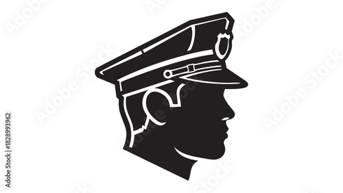 Silhouette of a police officer's head in profile, wearing a cap with a badge, representing law enforcement and authority