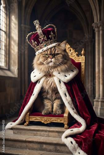 Royal King Cat on Throne with Crown. Luxury, power, and majesty.