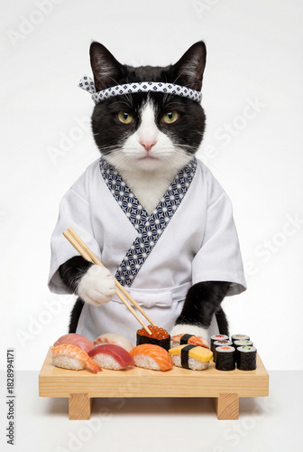 Sushi Chef Cat with Sushi Platter. Japanese food and cooking concept.