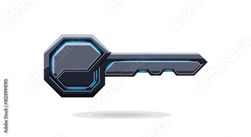 Sleek metallic key with glowing blue accents, symbolizing digital security, modern access, and advanced technology. An illustrative icon for secure authentication systems and data protection