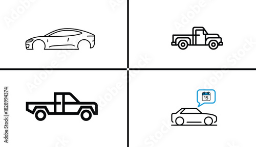 Modern car and pickup truck line icons set with booking calendar symbol , transportation icons set