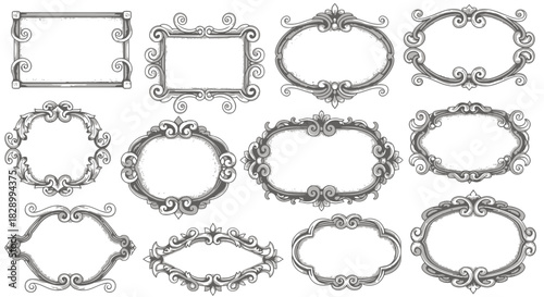 A beautiful set of hand-drawn vintage ornamental frames and borders