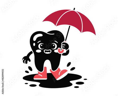 Black cartoon tooth character with red boots and umbrella walking through puddles vector.