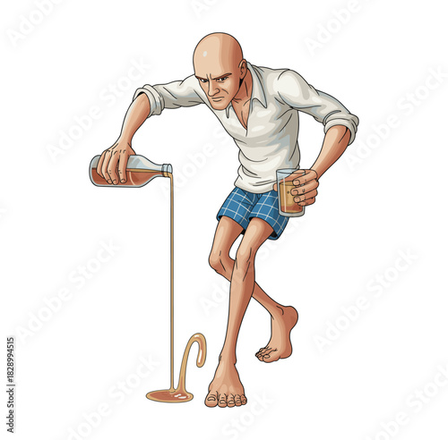 Bald man in white shirt and plaid shorts pouring wine liquid from bottle into glass spilling on floor.