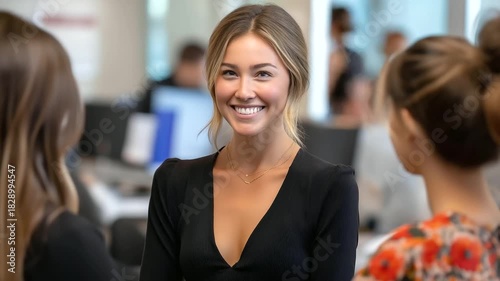 A team lead awkwardly attempting to bond with coworkers, forced smiles, candid realism, warm open space lighting, emotional nuances, blurred background, with copy space