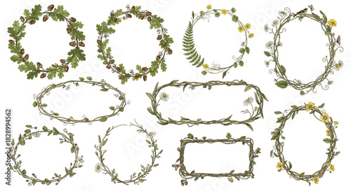A collection of hand-drawn rustic botanical wreaths and frames