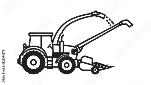 Graphic icon depicting heavy-duty farming equipment, specifically a tractor with an attached forage harvester, used for efficient agricultural field work and crop processing