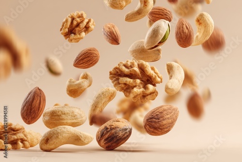Close up View of Falling Almonds, Walnuts, Pistachios, and Cashews on a Subtle Beige Background With Soft Shadows and Natural Lighting