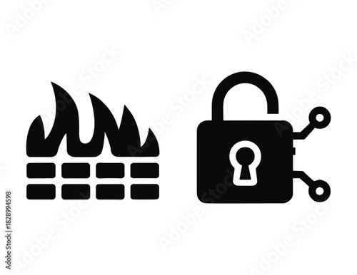 Black firewall icon with flames next to a black padlock icon with circuits brick.