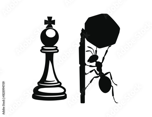 Silhouette of an ant carrying a large object next to a chess king piece insect.