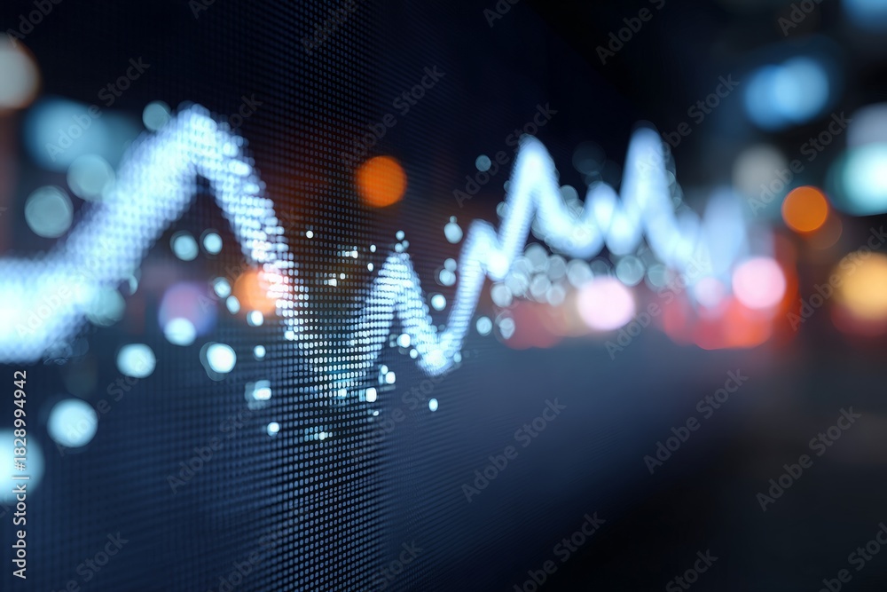 Fototapeta premium Digital screen displays glowing blue data graph with blurred background lights, illustrating financial analytics.