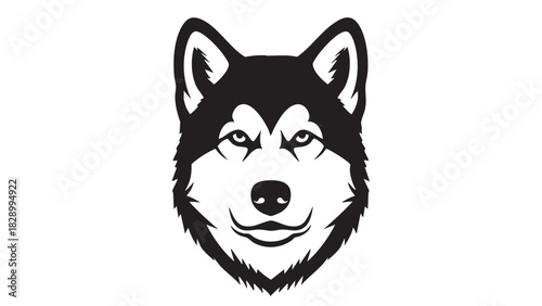 Black and White Icon of a Siberian Husky Dog's Face with Intense Eyes
