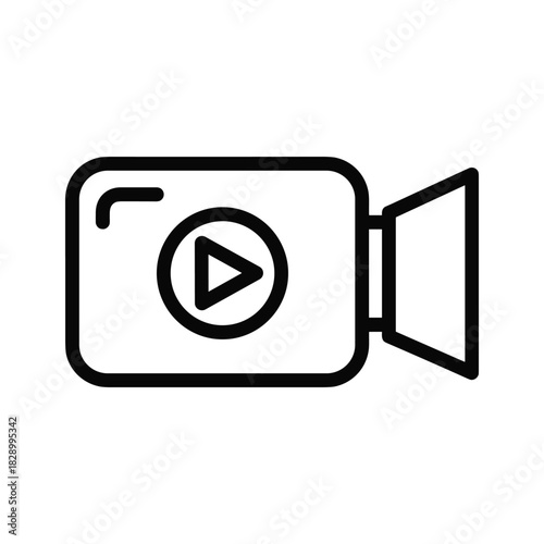 Simple black and white line icon of a video camera with play button