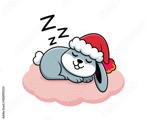 Cute cartoon gray bunny rabbit wearing red santa hat sleeping on pink cloud with zzz symbols.