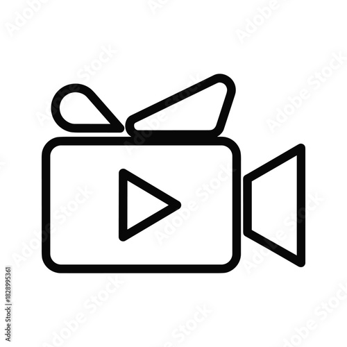 Simple black and white line icon of a video camera with play button