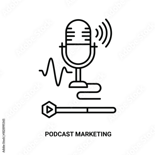 Line icon representing podcast marketing with microphone and sound wave