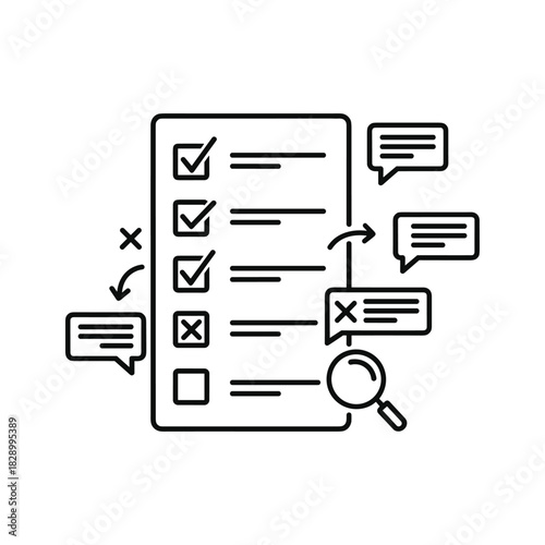 Checklist review process with feedback and magnifying glass icon