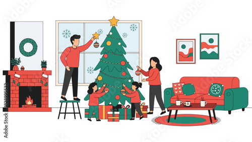 Happy family decorating a Christmas tree together with ornaments and lights. Ideal for festive winter celebrations, joyful family moments, and holiday traditions