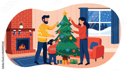 Happy family decorating a Christmas tree together with ornaments and lights. Ideal for festive winter celebrations, joyful family moments, and holiday traditions