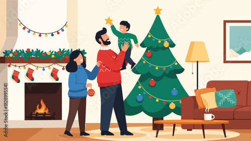 Happy family decorating a Christmas tree together with ornaments and lights. Ideal for festive winter celebrations, joyful family moments, and holiday traditions