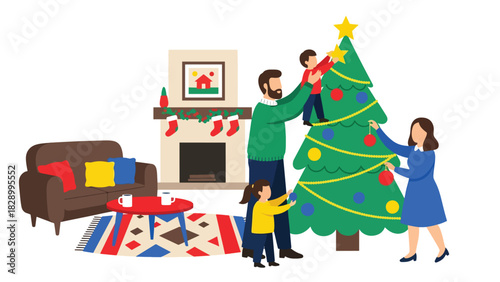 Happy family decorating a Christmas tree together with ornaments and lights. Ideal for festive winter celebrations, joyful family moments, and holiday traditions