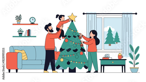 Happy family decorating a Christmas tree together with ornaments and lights. Ideal for festive winter celebrations, joyful family moments, and holiday traditions