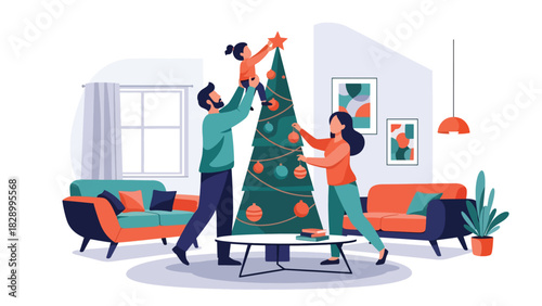 Happy family decorating a Christmas tree together with ornaments and lights. Ideal for festive winter celebrations, joyful family moments, and holiday traditions