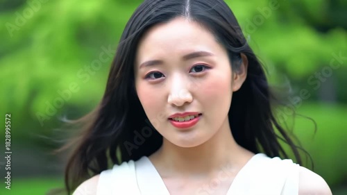 A serene woman with dark hair and fair skin smiles against a blurred green background in an eye-level portrait
