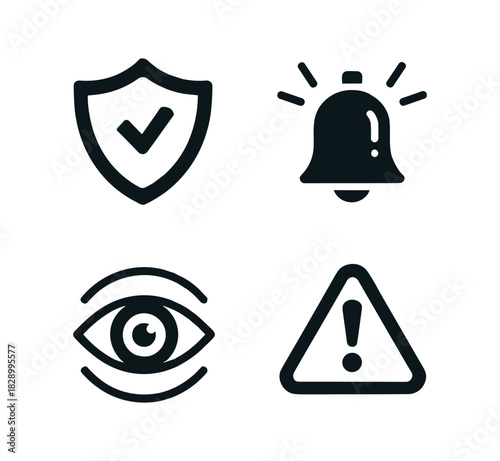 Four black security icons shield checkmark bell eye and warning triangle protection safety.
