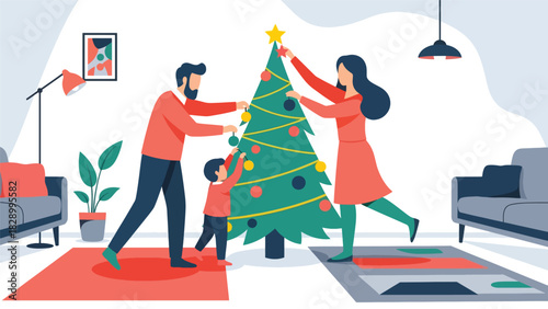 Happy family decorating a Christmas tree together with ornaments and lights. Ideal for festive winter celebrations, joyful family moments, and holiday traditions