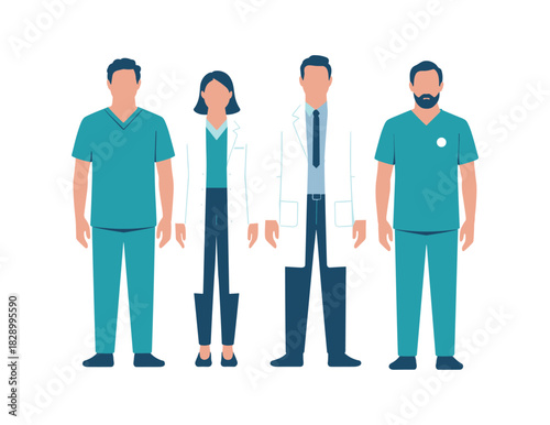 Four diverse medical professionals in teal scrubs and white lab coats standing healthcare.