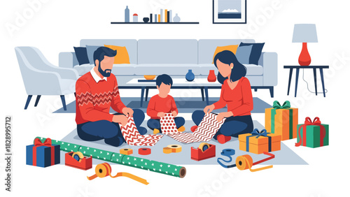 Family wrapping Christmas gifts together with ribbons and wrapping paper. Ideal for festive winter memories and meaningful holiday traditions
