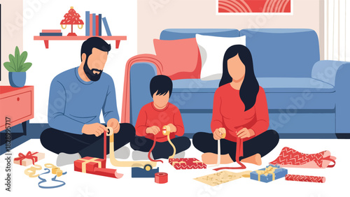 Family wrapping Christmas gifts together with ribbons and wrapping paper. Ideal for festive winter memories and meaningful holiday traditions