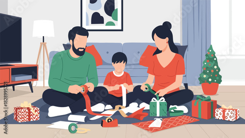 Family wrapping Christmas gifts together with ribbons and wrapping paper. Ideal for festive winter memories and meaningful holiday traditions