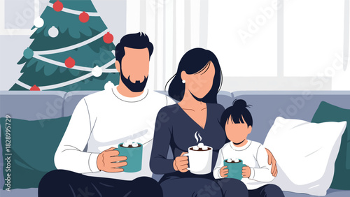 Family enjoying hot cocoa together during Christmas season. Perfect for cozy winter moments, warm holiday memories, and festive family traditions