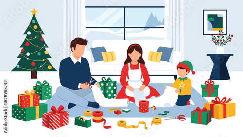 Family wrapping Christmas gifts together with ribbons and wrapping paper. Ideal for festive winter memories and meaningful holiday traditions