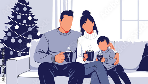 Family enjoying hot cocoa together during Christmas season. Perfect for cozy winter moments, warm holiday memories, and festive family traditions