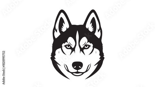 Illustration of a Husky dog's face, with its distinctive markings and piercing eyes, captured in a minimalist, bold, black and white graphic style