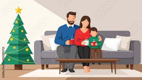 Family enjoying hot cocoa together during Christmas season. Perfect for cozy winter moments, warm holiday memories, and festive family traditions